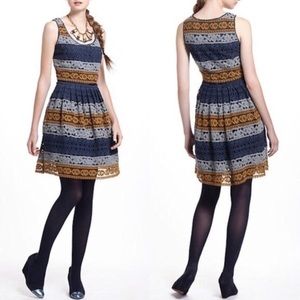 Anthropologie Blue + Gold Crochet Lace Maeve Dress